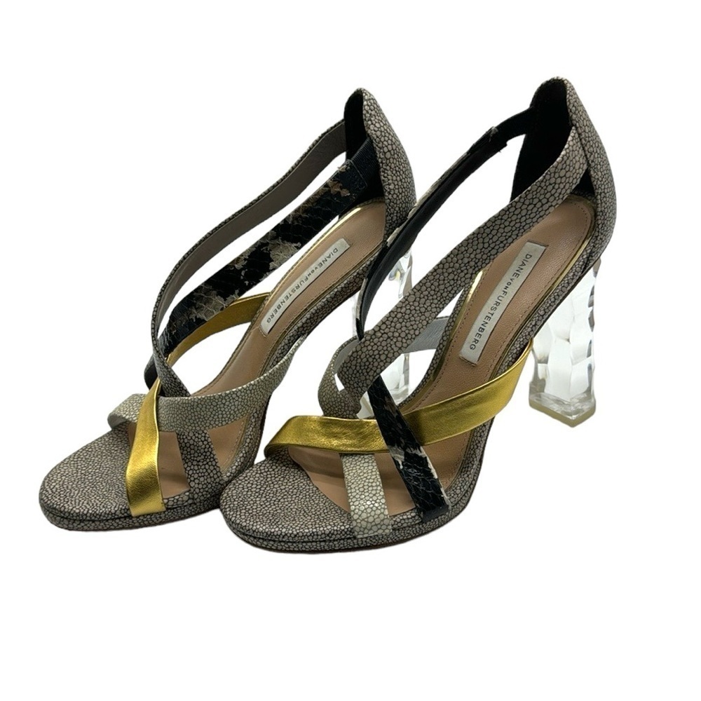 Diane Von Furstenberg Ibiza Sandal Clear Snakeskin Heels Size 6‎